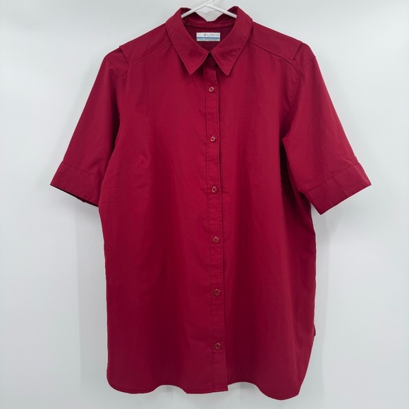 Columbia Tops - Columbia Top Women Large Red Short Sleeve Button Up Lightweight Stretch Outdoor